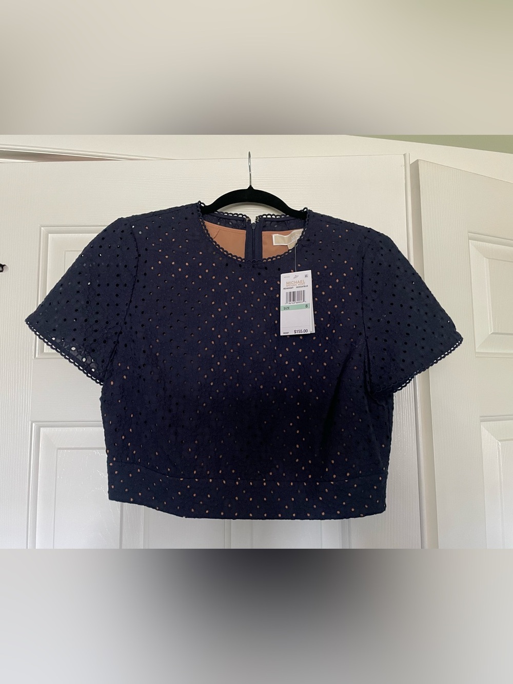 NWT MICHAEL Michael Kors Navy Eyelet Cropped Top Size 8